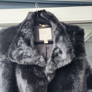 kate spade Black Plush Faux Fur Coat with Folded Collar